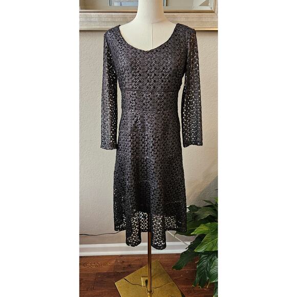Vintage Anne Klein Metallic Lace Cocktail Mini Dress Women Size 4 Black Shimmery - Picture 1 of 8